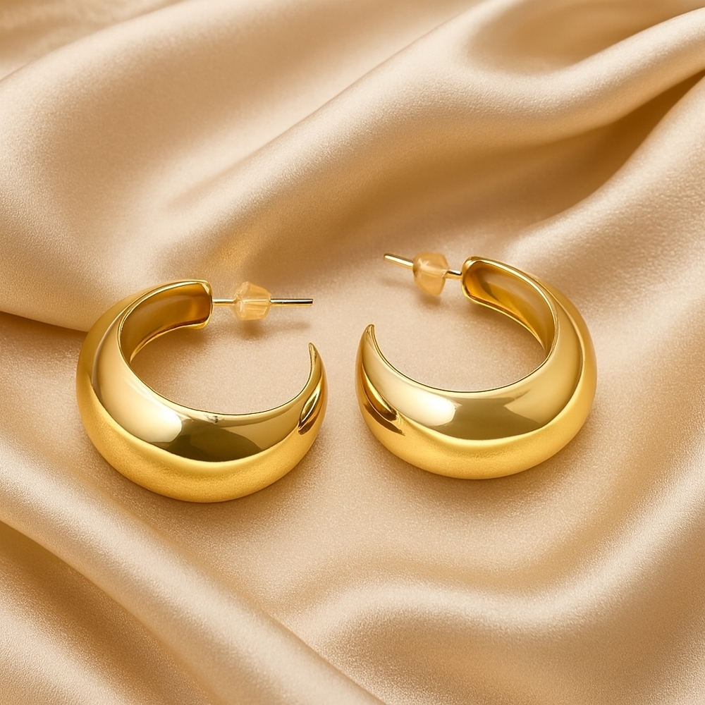 Women's Polished Gold tone Crescent / Half Hoop Drop Earrings, 1.25-inch